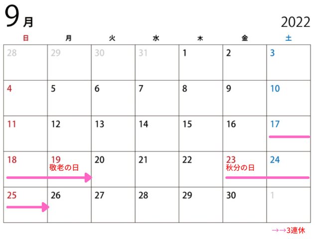 2022年(令和4年)9月の祝祭日・休日・連休