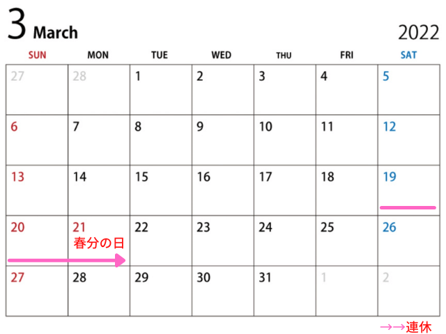 2022年(令和4年)3月の祝祭日・休日・連休